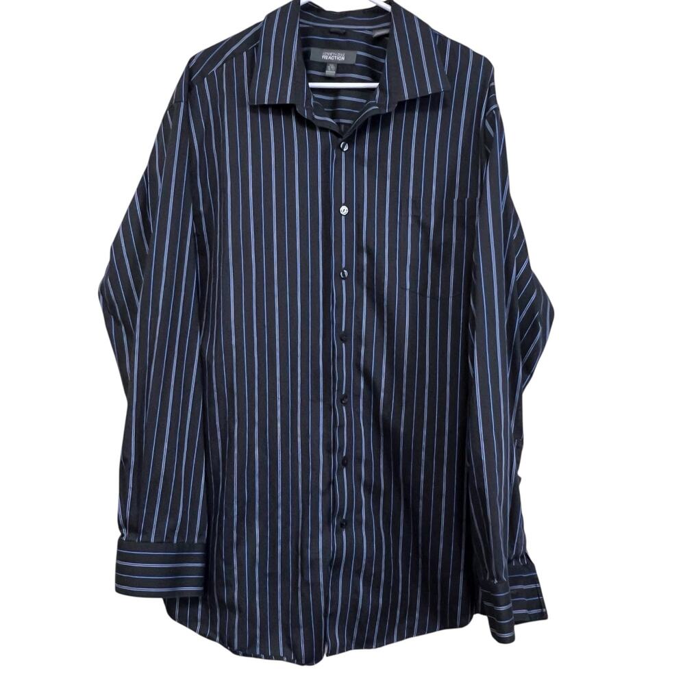 Kenneth Cole Reaction XXL Gray Blue Stripe Dress Shirt Men Regular Fit Button Up